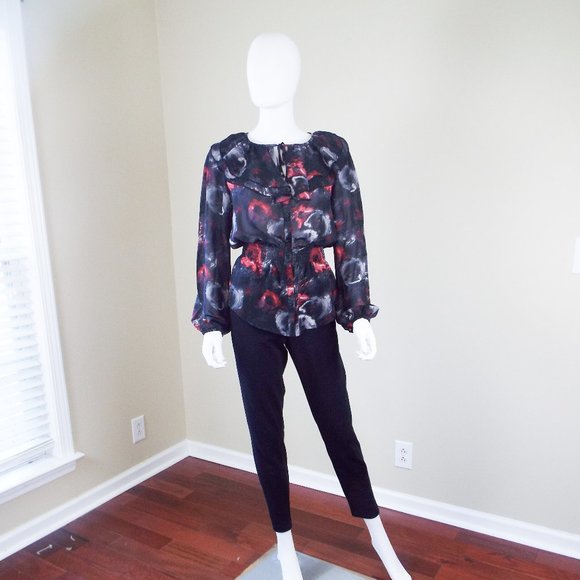 MISS TINA BLACK AND RED FLORAL RUFFLE FRONT LONG SLEEVE BLOUSE - SZ 8/10 - Picture 3 of 6